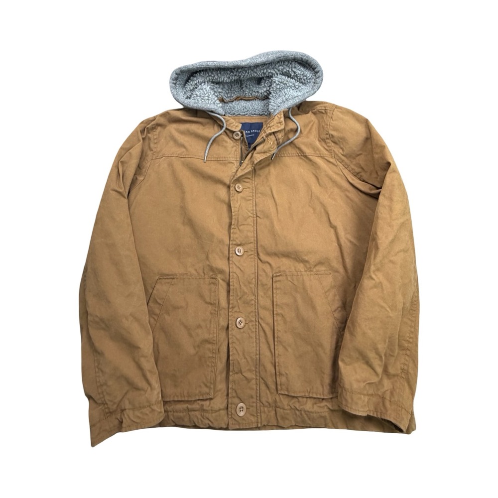 American Eagle Hooded Jacket Men XL Tan Canvas Sherpa Lined Workwear